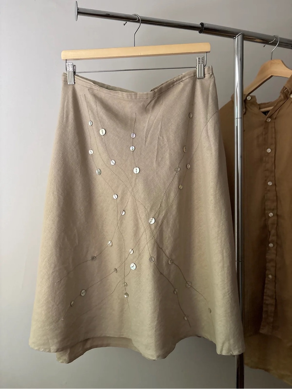 Y2K Linen Midi Skirt with Button Design
